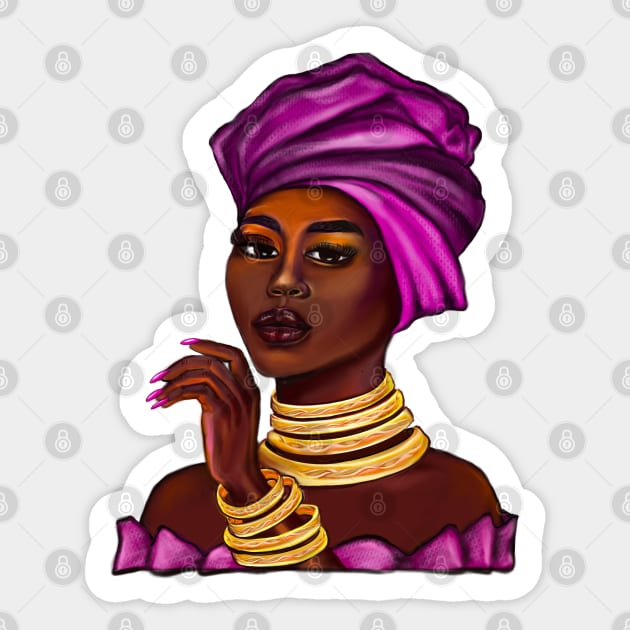 Queen Black is beautiful II black girl with Gold bangles, neck ring necklace, purple dress and head wrap, brown eyes and dark brown skin ! Sticker by Artonmytee